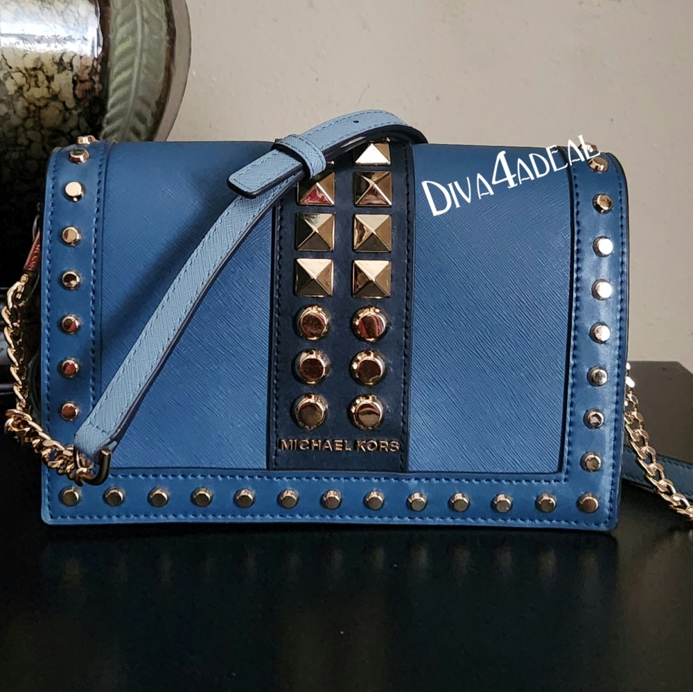 MICHAEL KORS JET SET Small Studded Shoulder Crossbody Handbag Blue/Lt. Blue Gold